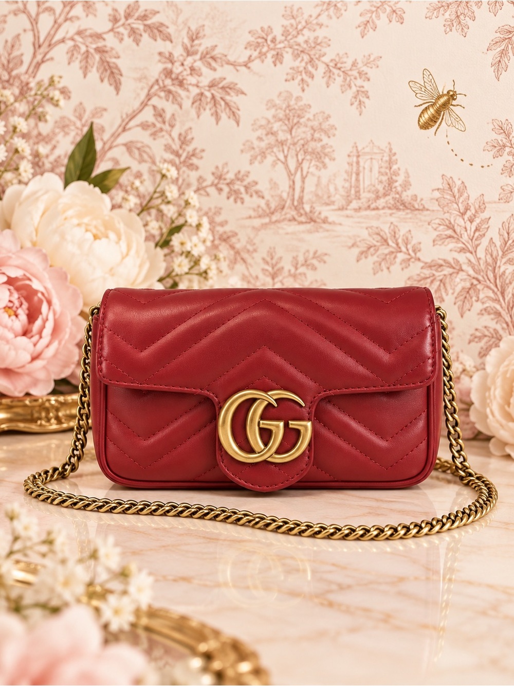 GUCCI Red Marmont Quilted Leather crossbody with Gold Hardware